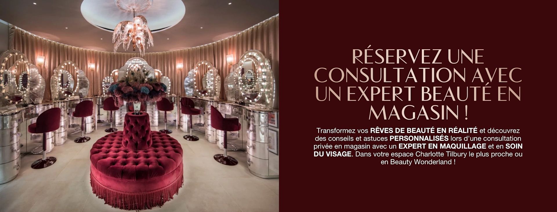 FR Hero-In-Store-Service-MB Banner with a fancy makeup studio with vanity mirrors with glowing lights on the walls and comfortable, red velvet makeup chairs, along with text on the banner that reads, 'Book a service with a beauty expert in store!'