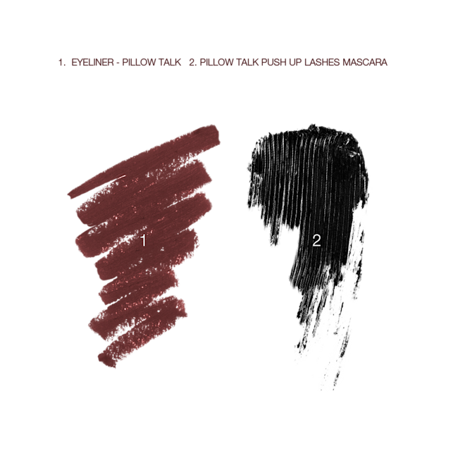 Pillow Talk Eyeliner and Pillow Talk Mascara swatches Swatches of a berry-brown eyeliner and masacra.