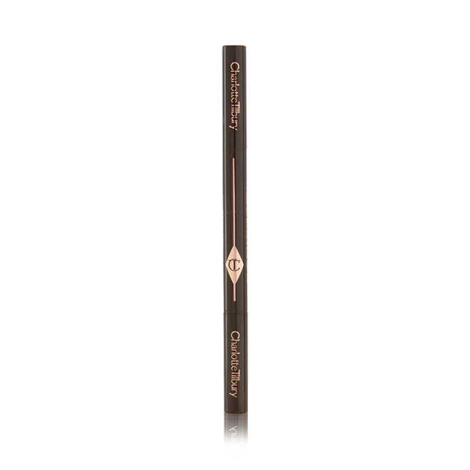 A closed, double-ended eyebrow pencil and spoolie brush duo with black-coloured packaging.