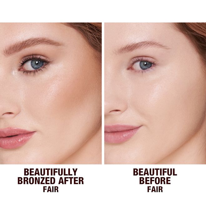 Beautiful Skin Sun-Kissed Glow Bronzer in Fair before and after Before and after of a fair-tone brunette model without any makeup on one side and the same model wearing nude pink lip gloss with glowy, cream bronzed for a sculpted yet natural makeup look.