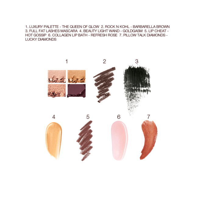 The Queen of Glow kit light, fair and medium swatch Swatches of a quad eyeshadow palette in shades of brown, pink, and gold, brown eyeliner, black mascara, liquid highlighter in honey-gold, lip liner in taupe-brown, lipstick lip balm in sheer pink, and lip gloss in terracotta.