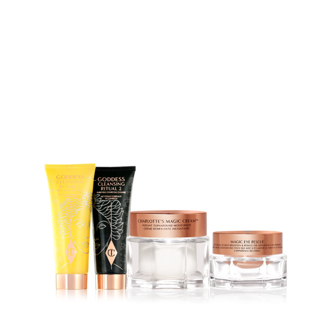 Cleansing duo in black and yellow tubes next to a face cream and eye cream in glass pots with metal lids. 