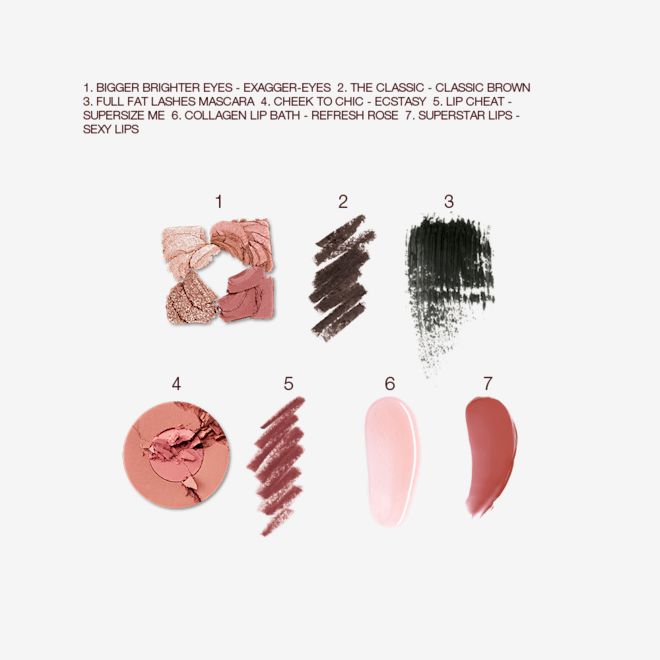 The Supermodel light, fair and medium kit swatch Swatches of a quad eyeshadow palette in shades of pink, brown, and gold, brown eyeliner, black mascara, two-tone blush in warm pink and light brown, lip liner in redwood, lipstick lip balm in sheer pink, and lip gloss in terracotta