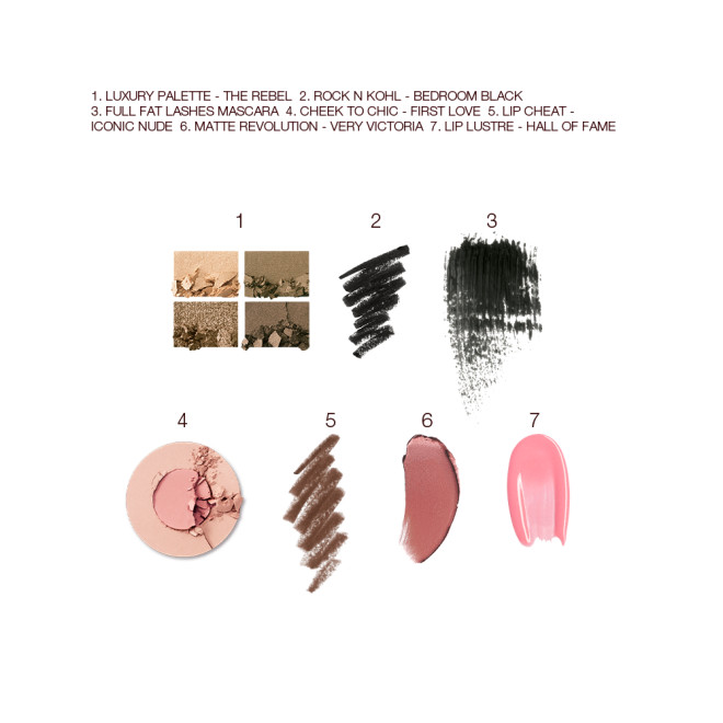Swatches of a quad eyeshadow palette in shades of green and gold, black eyeliner, black mascara, two-tone blush in champagne and nude pink, lip  liner pencil in chocolate brown, lipstick in berry-pink, an dlip gloss in bright pink. 