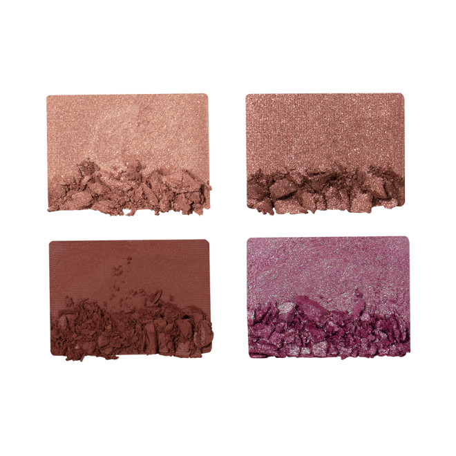 Swatches of four eyeshadows in matte and shimmery shades of peachy-pink, dusky rose, warm burgundy, and teal blue-brown
