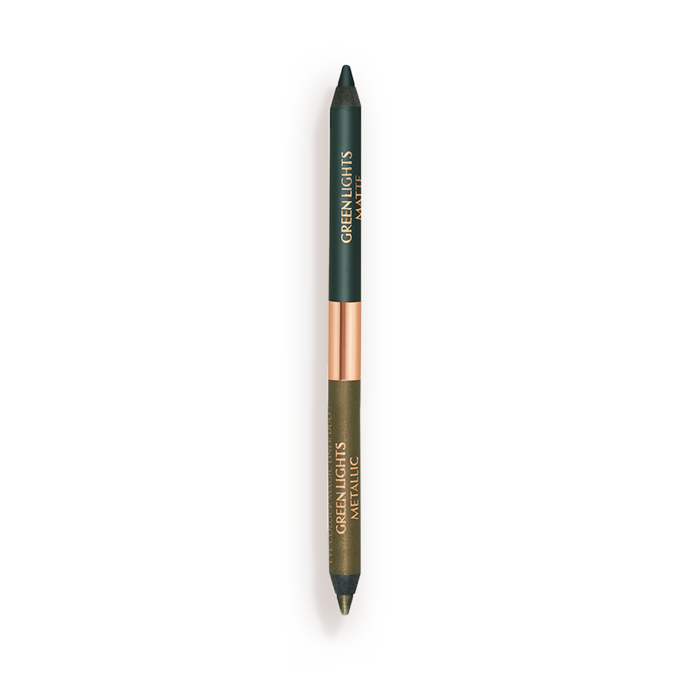 Eye Colour Magic Eyeliner Duo en Green Lights de Charlotte. A double-sided eyeliner with lids removed in bottle green and dark khaki.