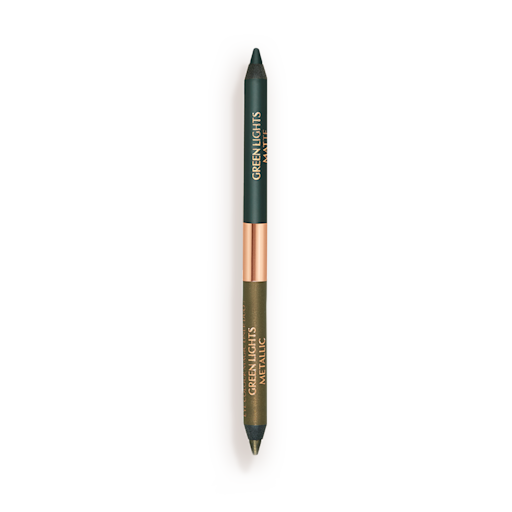 Eye Colour Magic Liner Duo in Green Lights open A double-sided eyeliner with lids removed in bottle green and dark khaki.