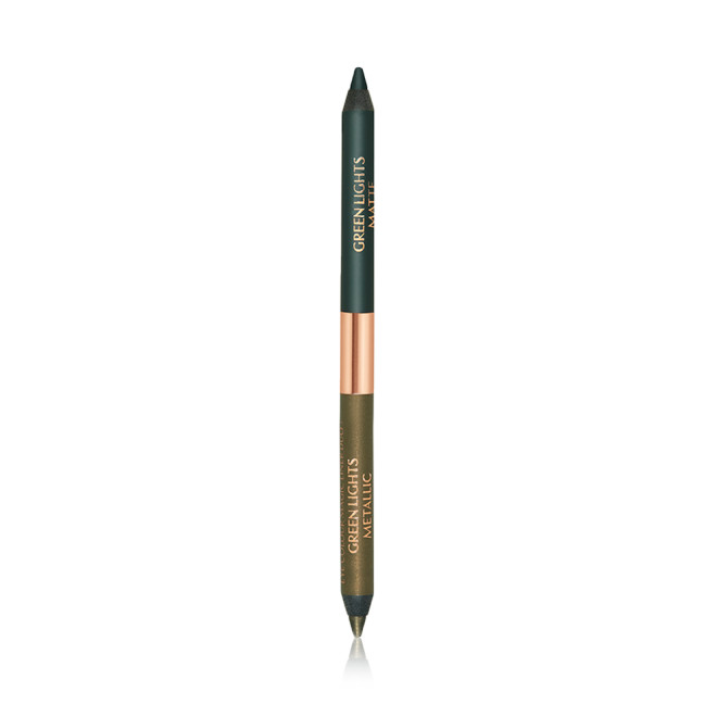 A double-sided eyeliner with lids removed in bottle green and dark khaki. 