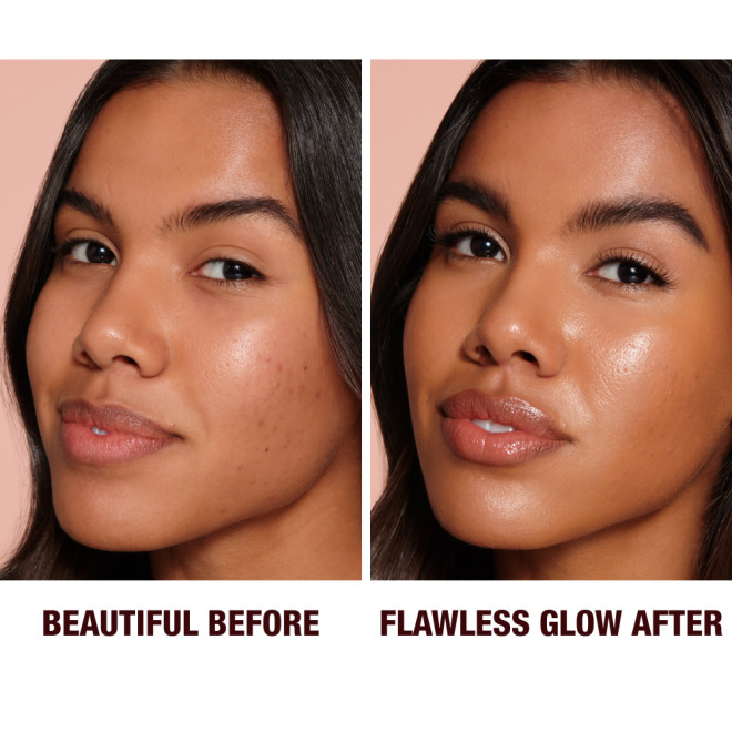 Before and after close-up of a medium-dark-tone model with brown eyes wearing a luminous, glowy primer that blurs her pores and fine lines with black eyeliner and nude lipstick. 
