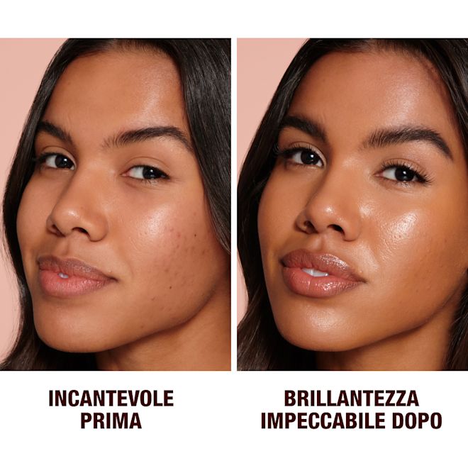 Tonalità 6 di Hollywood Flawless Filter: prima e dopo su una modella dalla pelle medio-scura Primo piano prima e dopo di una modella dalla pelle medio-scura e gli occhi castani che indossa un primer luminoso per attenuare la visibilità dei pori e le linee sottili, un eyeliner nero e un rossetto nude.