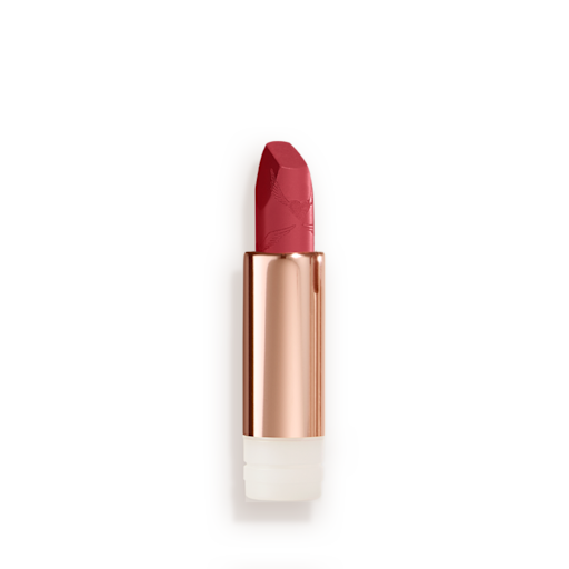 Look of Love Matte Revolution Lipstick Refill in First Dance open An open, blushed berry-rose lipstick refill in a metallic, golden-coloured tube with its lid next to it.