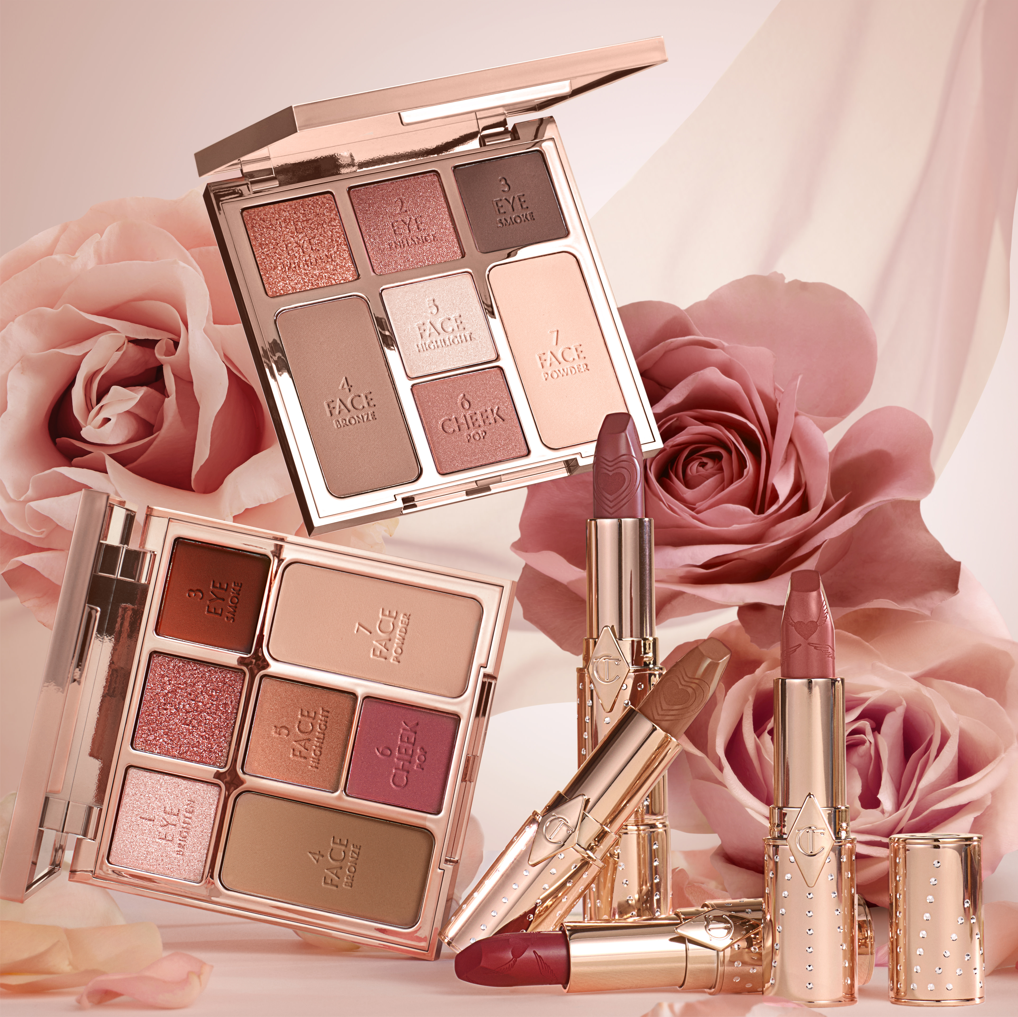 Two, open face palettes for fair to medium and medium to deep-tones with three eyeshadows, two blushes, and contour powders along with four nude lipsticks in shades of brown, peach, pink, and red.