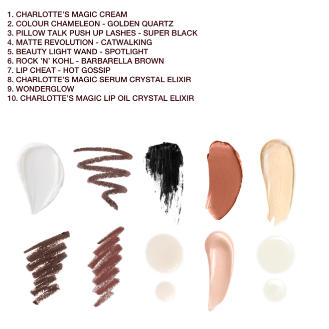 Diamond Chest of Beauty swatches Swatches of pearly-white face cream, eyeshadow pencil in a shimmery dark brown shade, black mascara, nude brown lipstick, candlelight gold colour liquid highlighter, kohl pencil in dark brown, lip liner pencil in chocolate brown, luminous face serum drops, glowy primer in soft rose gold, and lip oil drops.