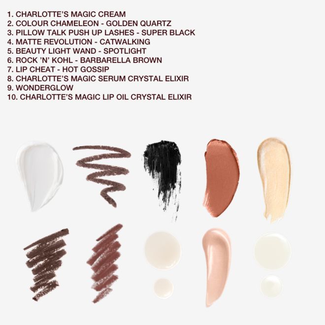 Diamond Chest of Beauty swatches Swatches of pearly-white face cream, eyeshadow pencil in a shimmery dark brown shade, black mascara, nude brown lipstick, candlelight gold colour liquid highlighter, kohl pencil in dark brown, lip liner pencil in chocolate brown, luminous face serum drops, glowy primer in soft rose gold, and lip oil drops.