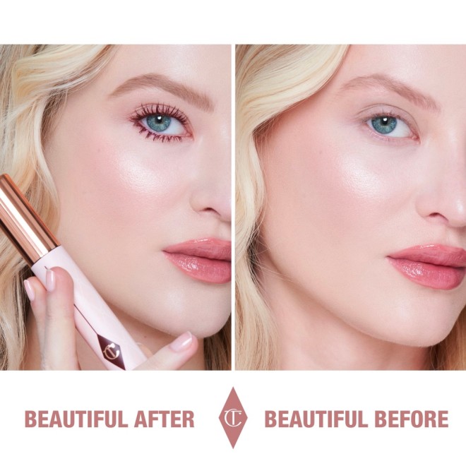 Before and after of a fair-tone model with blue eyes without any mascara on and then wearing a berry-brown, lengthening mascara that gives her lashes the appearance of false lashes.