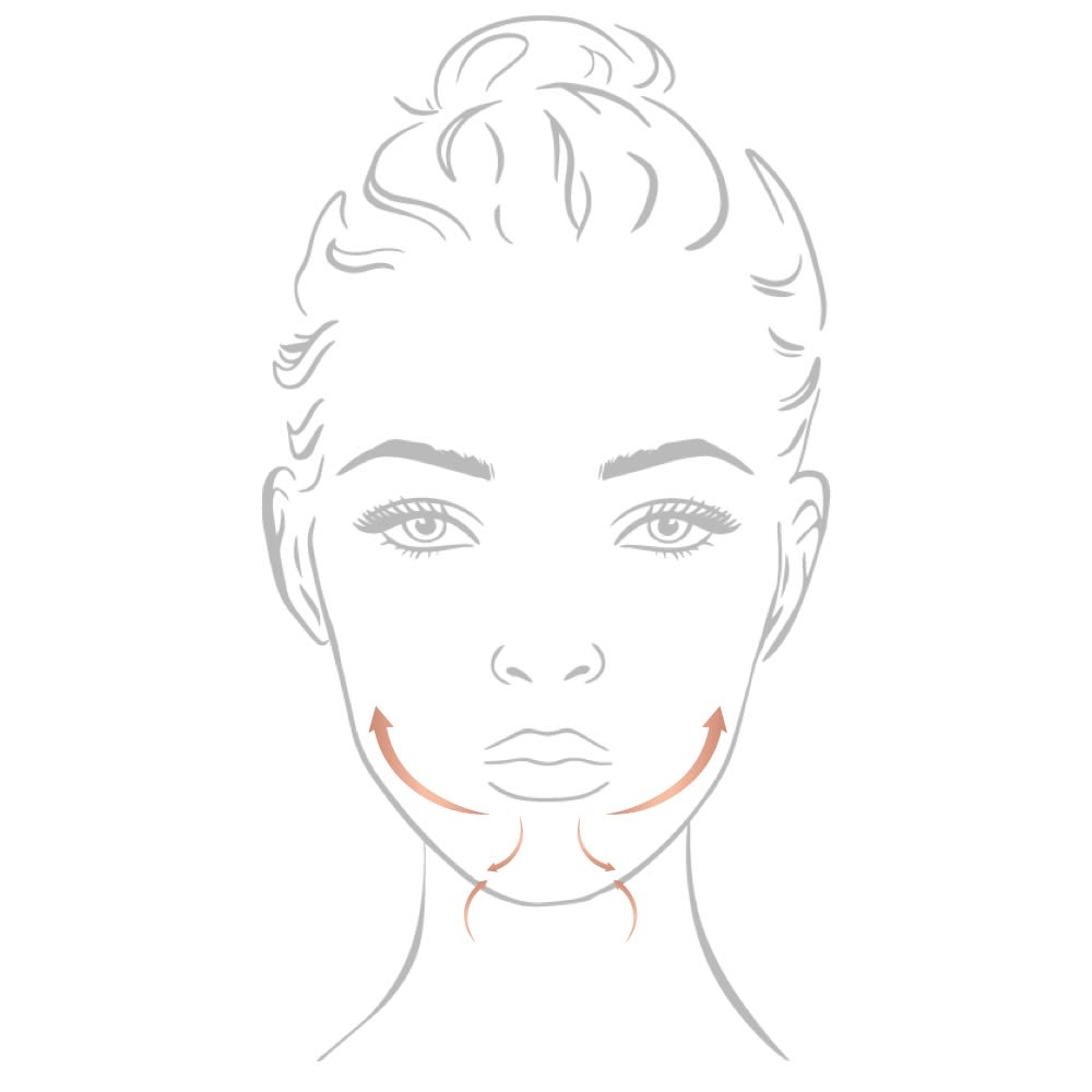 Charlotte's Magic Cream application step 3 Outline of face showing upward arrows from chin across jawline as a guide on how to apply face cream on chin and jawline.