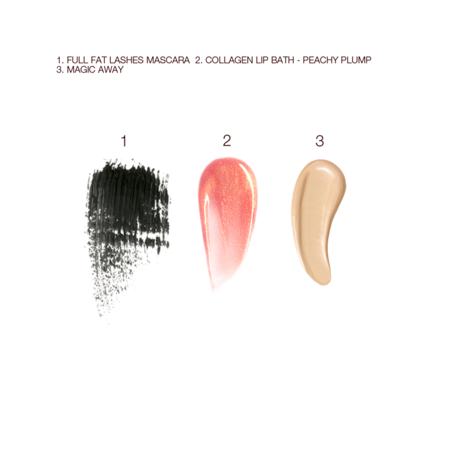 Flawless Glow & Plumper-Looking Lips Kit swatches Swatches of black mascara, nude pink high-shine lip gloss, and liquid concealer in a light shade.