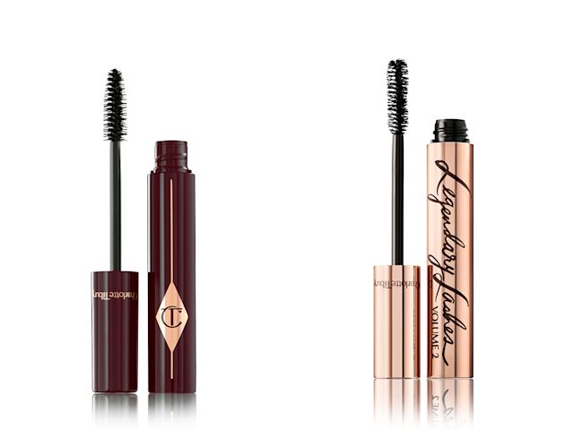 Full Fat Lashes and Legendary Lashes Mascaras open Two, open mascaras, one in dark-crimson packaging and the other in rose-gold with their applicators next to them.