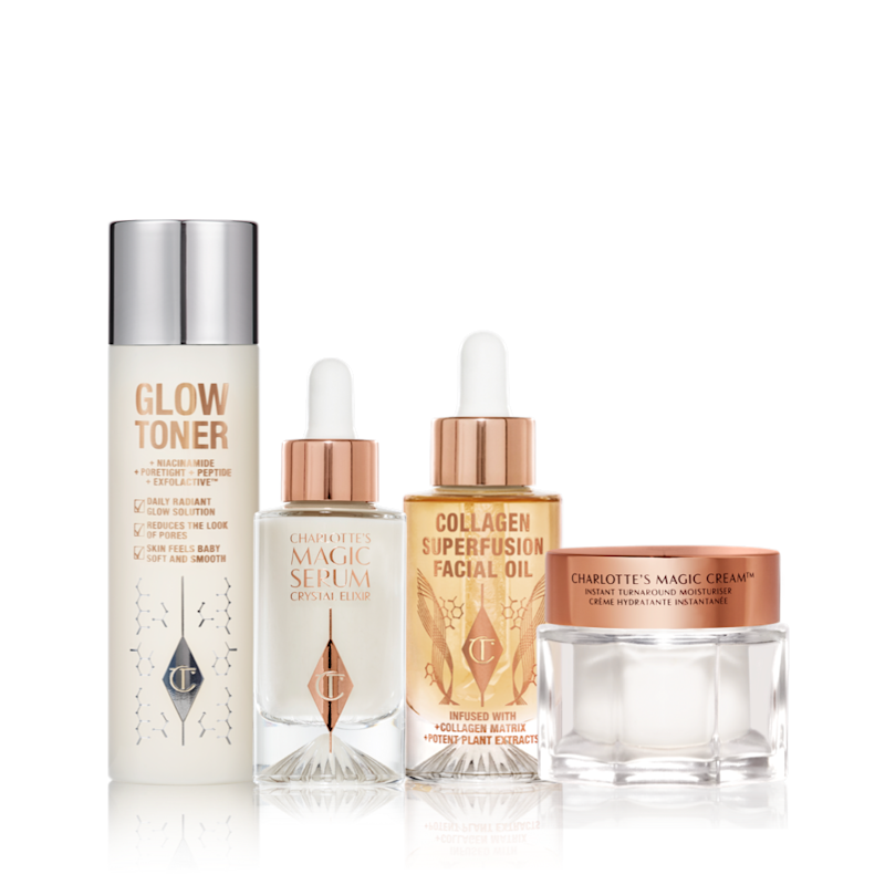 Foto del envase de la receta mágica de Charlotte para el blog El kit de cuidado de la piel Magic Recipe de Charlotte incluye Glow Toner, Magic Serum, Magic Cream y Collagen Facial Oil.