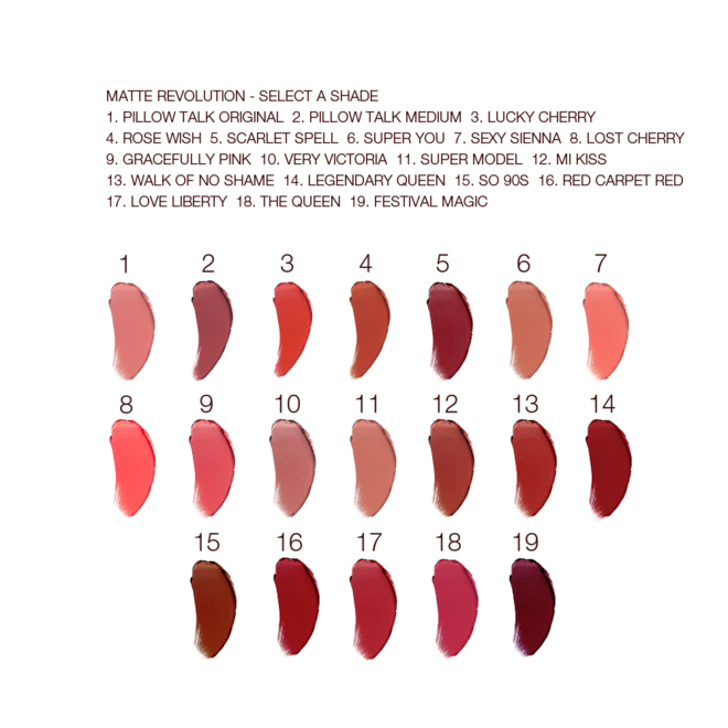 Matte Revolution collection swatches Swatches of nineteen lipsticks with a matte finish in shades of red, brown, orange, pink, and purple.
