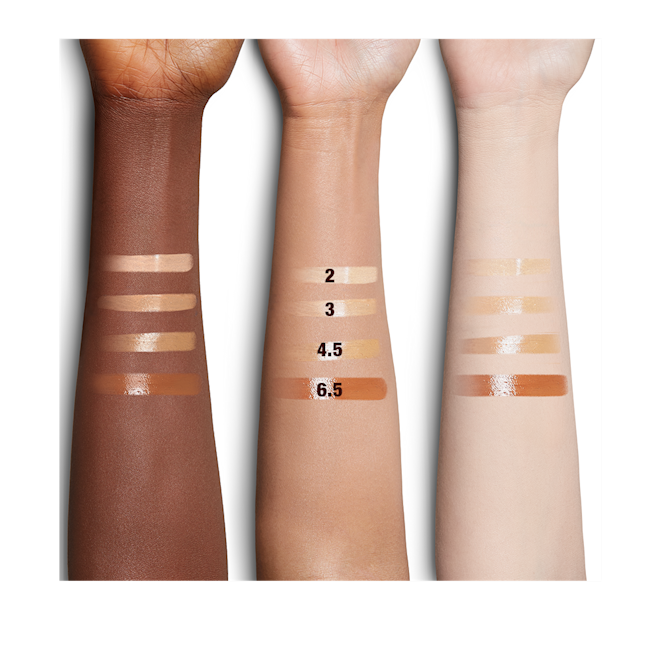 Mini Hollywood Flawless Filter arm swatches Fair, medium, and deep-tone arm swatches of four glow-boosting primer in light, medium-light, medium-dark, and deep shades.