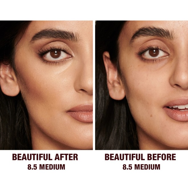 Before and after of a medium-tone model without any makeup in the before shot and then wearing a radiant, concealer that brightens, covers blemishes, and makes her skin look fresh along with nude lip gloss and subtle eye makeup.