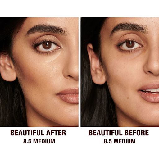 Beautiful Skin concealer in 8.5 on medium-tone model before and after Before and after of a medium-tone model without any makeup in the before shot and then wearing a radiant, concealer that brightens, covers blemishes, and makes her skin look fresh along with nude lip gloss and subtle eye makeup.