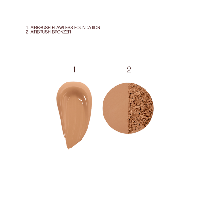 The Famous Airbrush Flawless Routine swatches Swatches of a liquid foundation and bronzer powder in medium-brown colour.