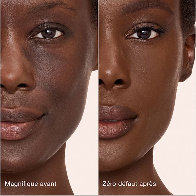 Avant/après Airbrush Flawless Concealer - 15.5 Deep (Foncé) Comparaison côte à côte montrant la peau avant et après l'application de l'Airbrush Flawless Concealer de Charlotte Tilbury, avec les étiquettes de texte « Magnifique avant » et « Zéro défaut après ».