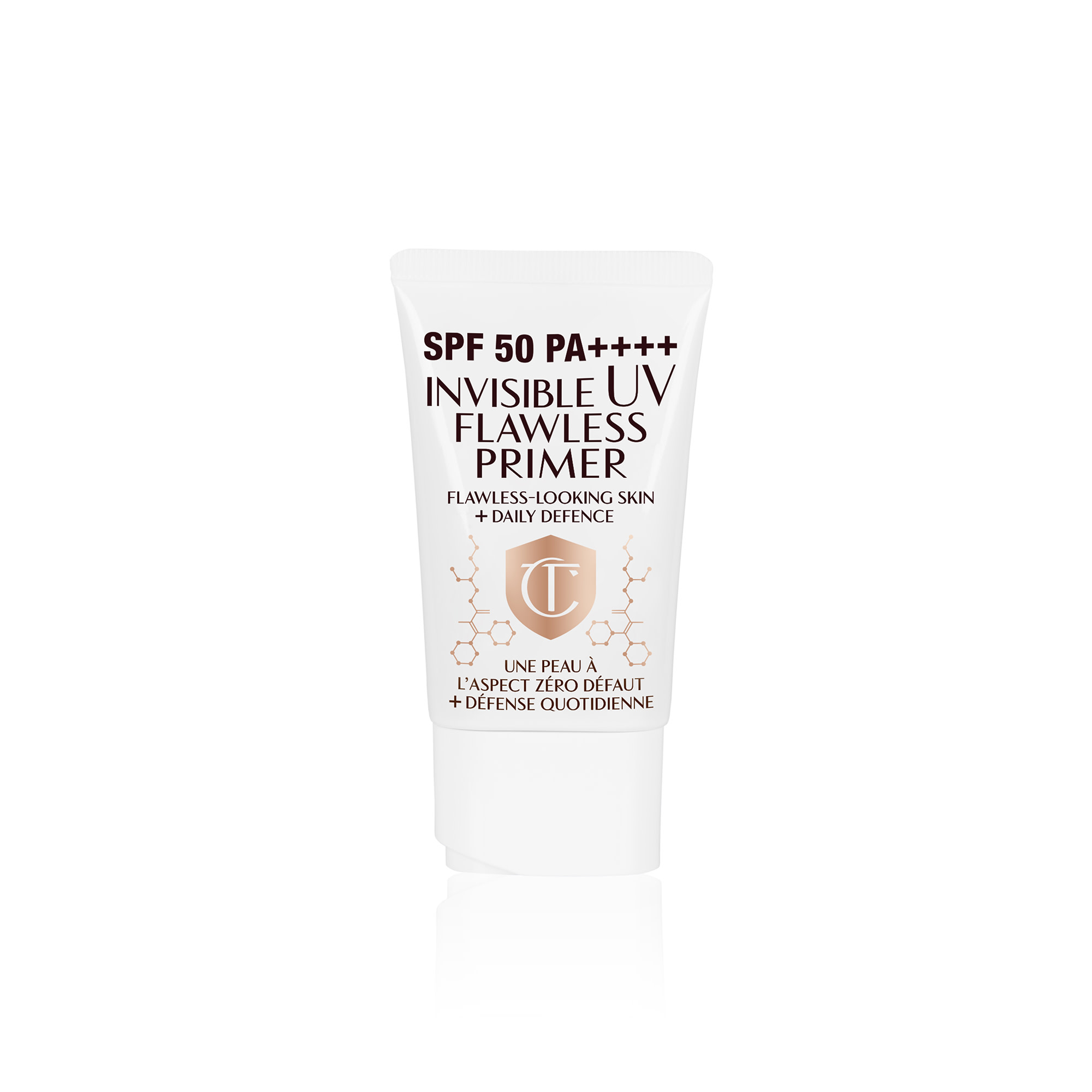 A primer in a white-coloured tube with a white-coloured lid with text on it that reads, 'invisible UV Flawless poreless primer SPF 50 PA++++'.