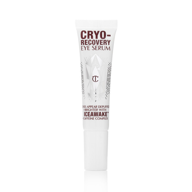 A closed, white-coloured eye serum tube with silver-colour geometric patterns on the front and text written on it that reads, 'eye appear depuffed and brighter with Iceawake, caffeine complex'