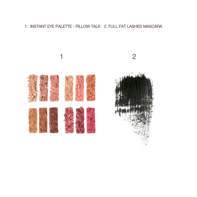 Swatch of a jet-black mascara next to twelve, crushed, rectangular eyeshadows in shades of pink, peach, brown, and champagne. 