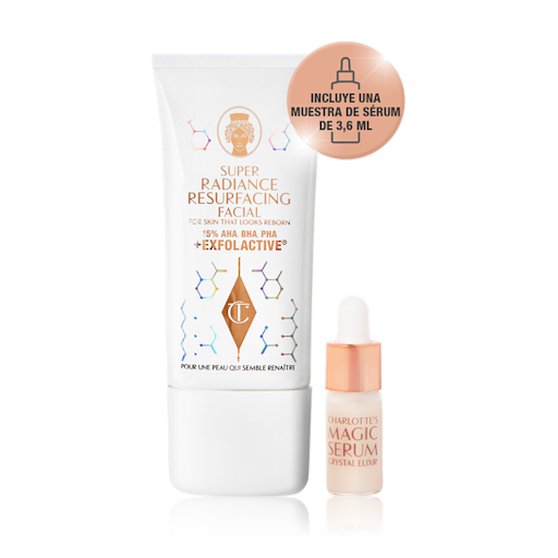 ES Badge-Packshot An exfoliating, wash-off, chemical mask in a white-coloured tube with gold-coloured text on it with a sample of a glowy face serum next to it.