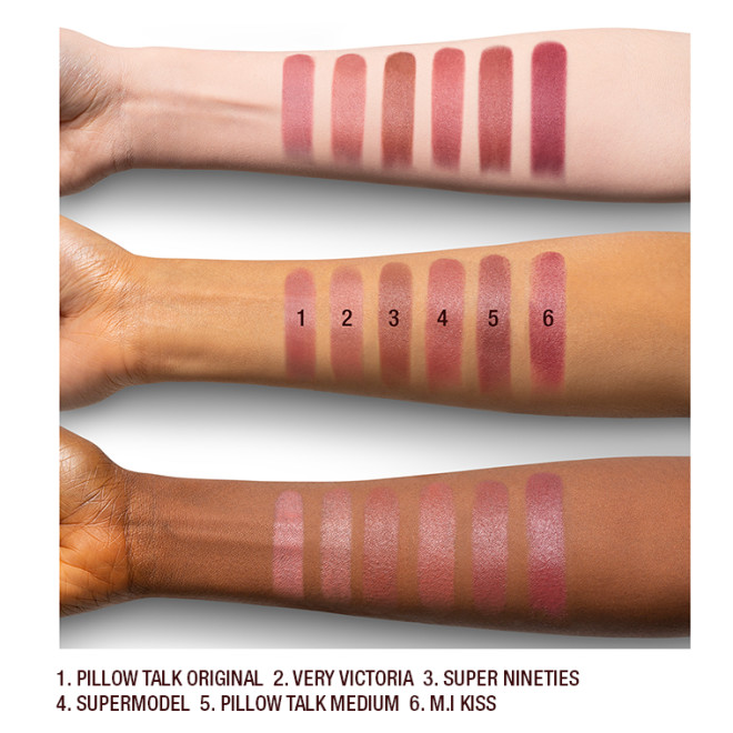 swatches of six lipsticks in shades of pink, nude, and berry on fair, tan, and deep tone arms.  