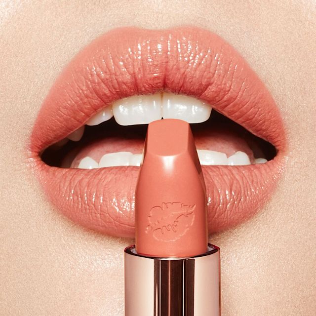 Peachy Pink Lipstick close up Model wearing Angel Alessandra peachy pink lipstick