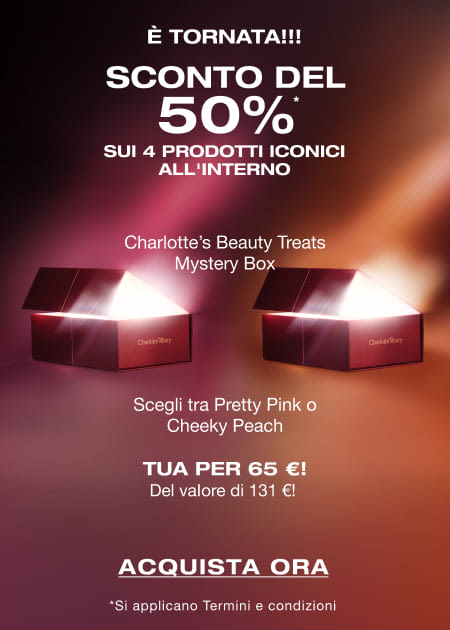 È TORNATA!!! Charlotte’s Beauty Treats Mystery Box SCONTO DEL 50%* SUI 4 PRODOTTI ICONICI ALL'INTERNO È TORNATA!!! Charlotte’s Beauty Treats Mystery Box SCONTO DEL 50%* SUI 4 PRODOTTI ICONICI ALL'INTERNO