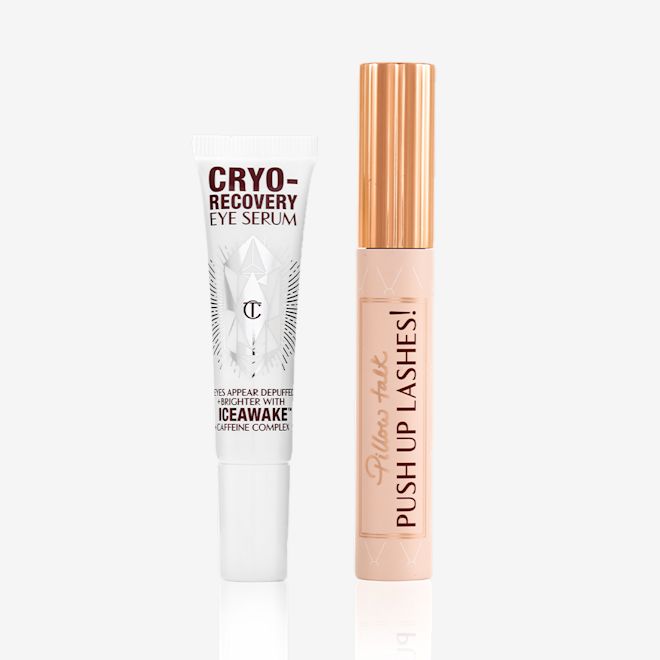 Pillow Talk Recovery Eye Kit closed Black mascara in a sheer pink-coloured tube with text on it that reads, 'Pillow Talk Push up lashes!' and a gold-coloured lid with an eye serum in a white-coloured tube.
