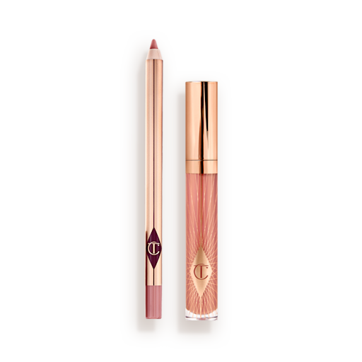 Pillow Talk Kisses lip gloss and lip liner pencil bundle A closed, nude-pink lip gloss with a rose gold lid with an open, nude-pink lip liner pencil with a rose gold body.