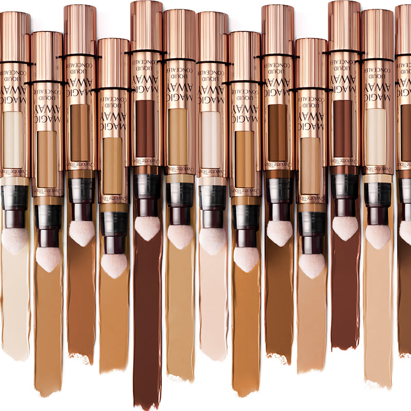 Magic Away Concealer collection with swatches An array of liquid concealers, set next to each other, with swatches in fair, medium, and deep tones.