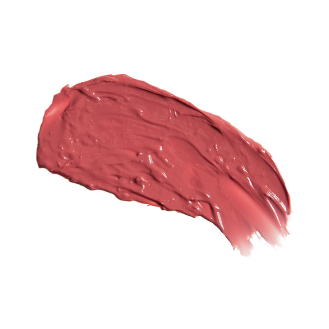 Swatch of a peachy nude rose lipstick lip balm. 
