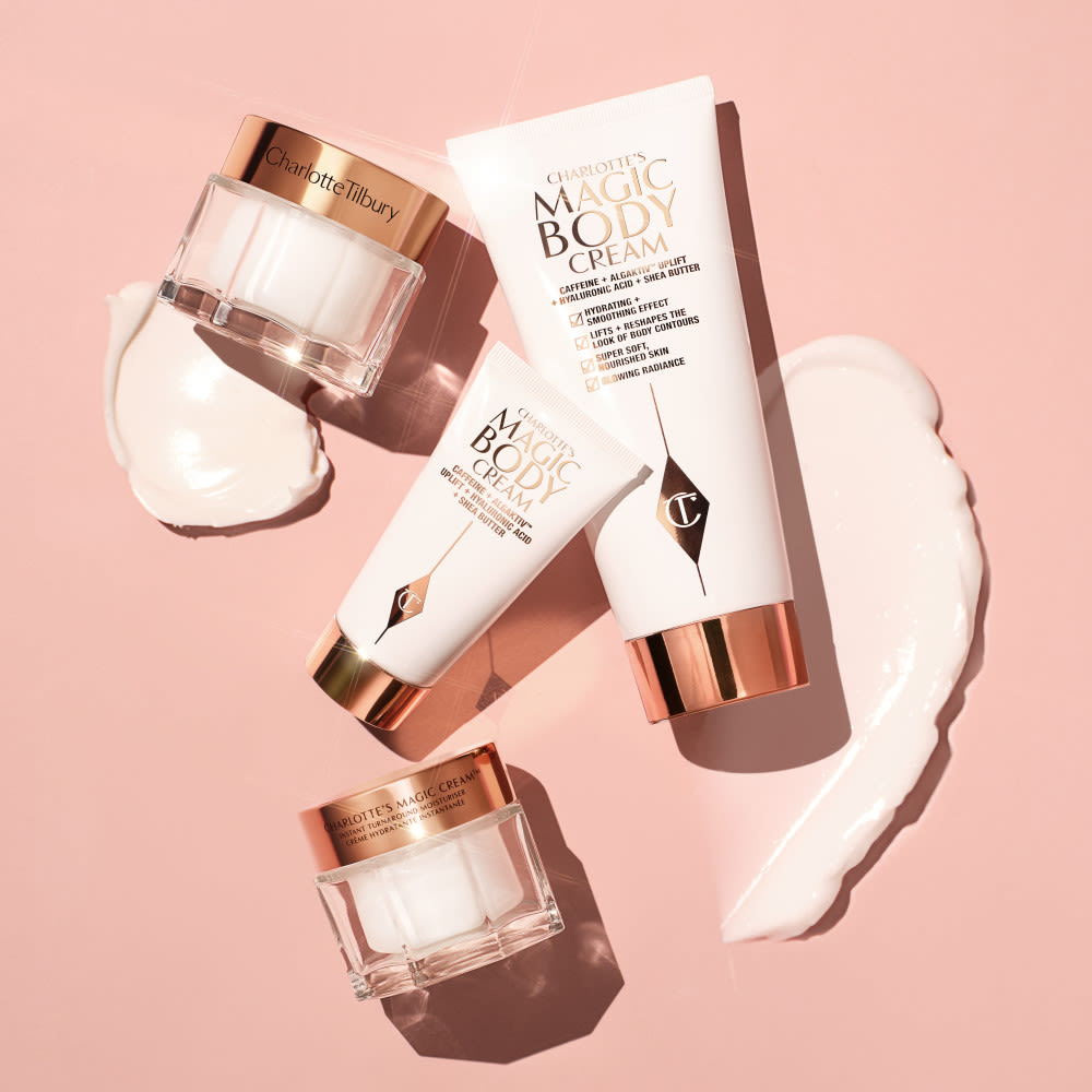 Charlotte's Magic Cream and Magic Body Cream still life Charlotte's Magic Cream and Charlotte's Magic Body Cream with rich texture swatches