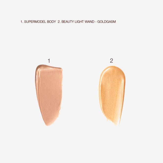 Sun-kissed Glowing Goddess Kit swatches Swatches of liquid body highlighter in a golden beige shade and liquid face highlighter in a honey-gold shade.