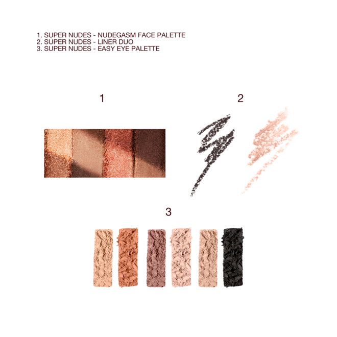 The supernudes Look Kit swatches Swatches of a face palette with nude brown, gold, and coppery shades, dou eyeliner in black and shimmery beige, and a 6-pan eyeshadow palette with nude shades in brown, black, gold, and beige.