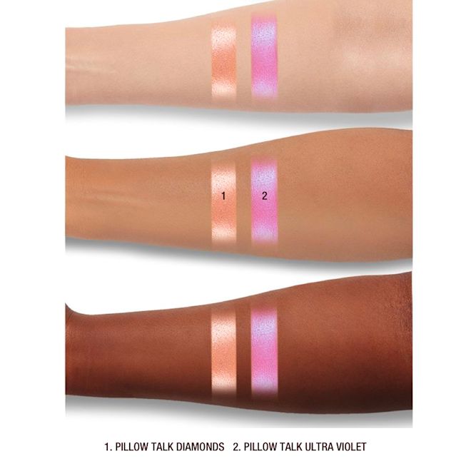 Pillow Talk Hypnotising Pop Shots arm swatches An arm swatch of fair, tan and deep skin arms showing glittery pink and glittery violet eyeshadows.