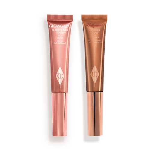 Beauty Light Wands in Pinkgasm & Hollywood Contour Wand closed Medium-pink liquid blush wand and glowy brown contour wand.