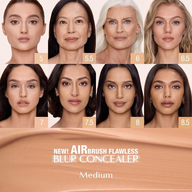 Airbrush Flawless Concealer - Shade Family Medium Charlotte Tilbury Airbrush Flawless Blur Concealer shade chart for Medium tones, showing eight shades labeled 5, 5.5, 6, 6.5, 7, 7.5, 8, and 8.5 with product name and Medium category text.