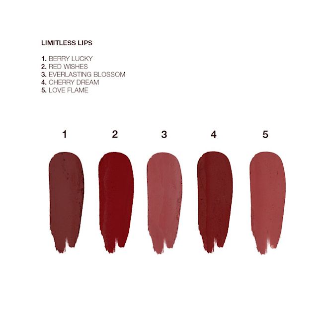 Limitless Lucky Lips collection swatches Swatches of 5, universally-flattering red-toned lipsticks with a matte finish in shades called, 'Love flame, cherry dream, everlasting blossom, red wishes, and berry lucky'.