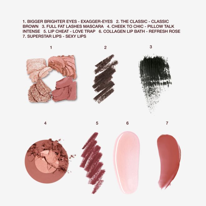 The Supermodel Deep kit swatch Swatches of a quad eyeshadow palette in shades of pink, brown, and gold, brown eyeliner, black mascara, two-tone blush in warm pink and medium brown, lip liner in redwood, lipstick lip balm in sheer pink, and lip gloss in terracotta