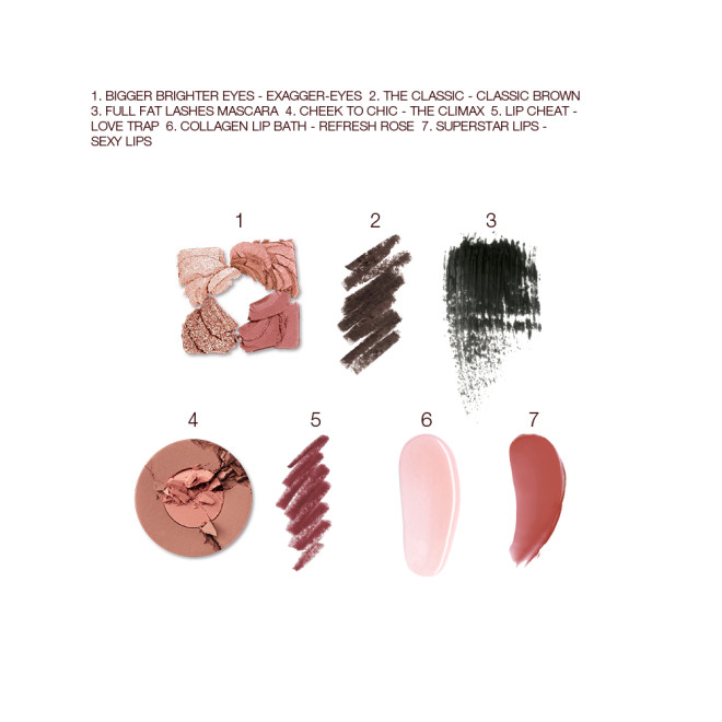 Swatches of a quad eyeshadow palette in shades of pink, brown, and gold, brown eyeliner, black mascara, two-tone blush in warm pink and medium brown, lip liner in redwood, lipstick lip balm in sheer pink, and lip gloss in terracotta 