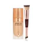 Foundation in a frosted glass bottle with a gold-coloured lid and a double-sided foundation and contour blending brush in a rose gold and dark brown colour scheme. 